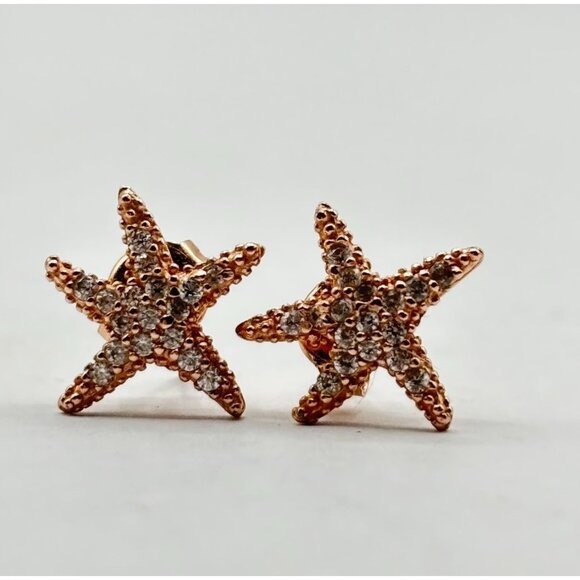 Starfish Stud Earrings 925 Sterling Silver Rose Gold Plated With CZ - Picture 1 of 7